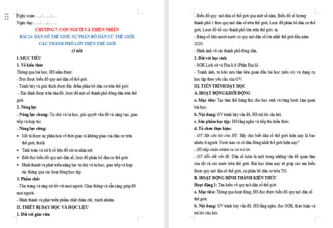 Giáo án Địa lí 6 Bài 24: Dân số thế giới. Sự phân bố dân cư thế giới. Các thành phố lớn trên thế giới