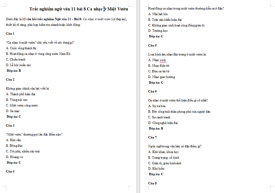 Trắc nghiệm Ngữ văn 11 Bài 8: Ca nhạc ở Miệt Vườn
