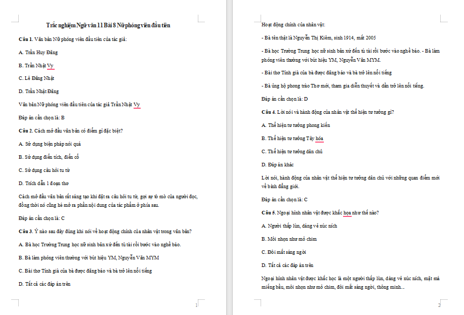 Trắc nghiệm Ngữ văn 11 Bài 8: Nữ phóng viên đầu tiên