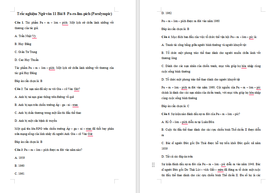 Trò chơi khởi động Ngữ văn 11 Bài 8 Pa-ra-lim-pích