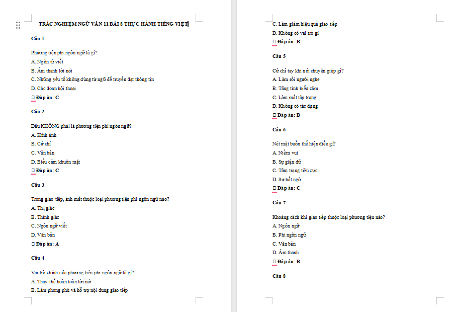 Trắc nghiệm Ngữ văn 11 Bài 8: Thực hành tiếng Việt