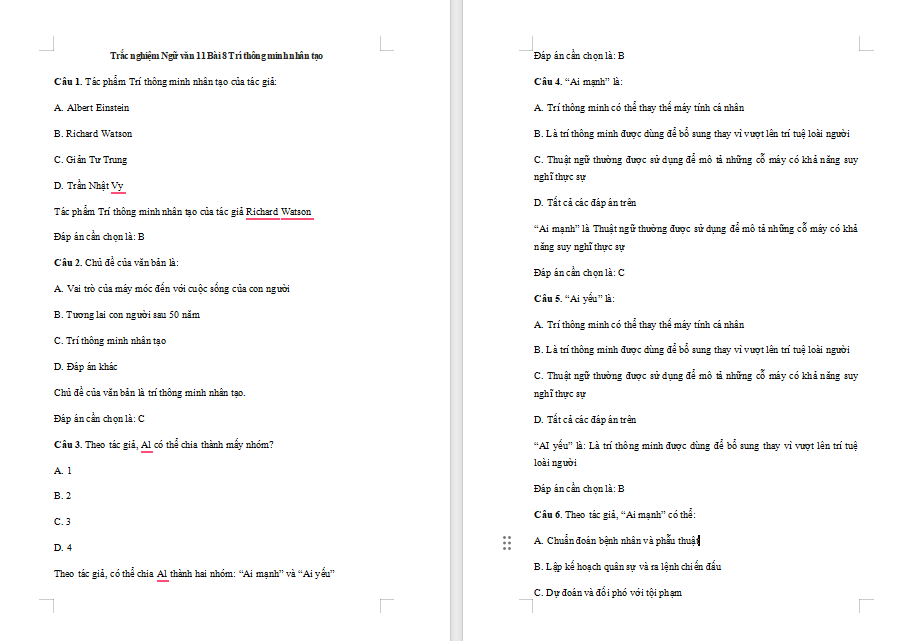 Trắc nghiệm Ngữ văn 11 Bài 8: Trí thông minh nhân tạo