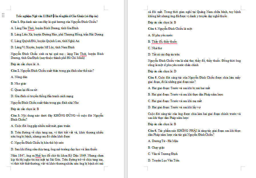 Trắc nghiệm Ngữ văn 11 Bài 9: Văn tế nghĩa sĩ Cần Giuộc