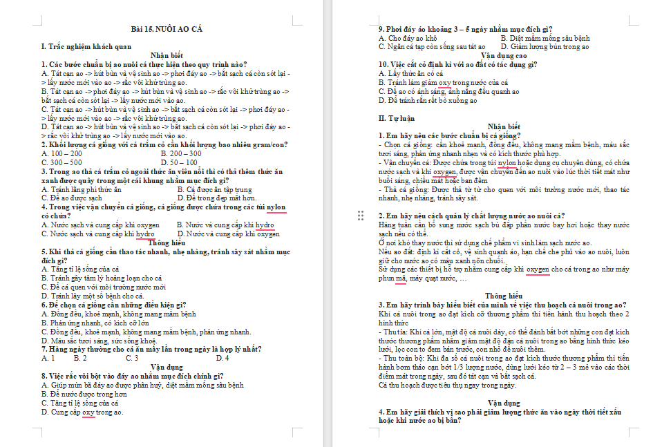 Trắc nghiệm Công nghệ 7 Bài 15: Nuôi cá ao