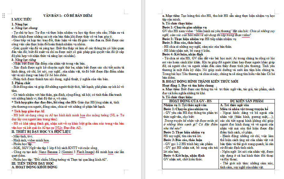 Giáo án minh họa tích hợp AI Ngữ văn 6 Kết nối tri thức