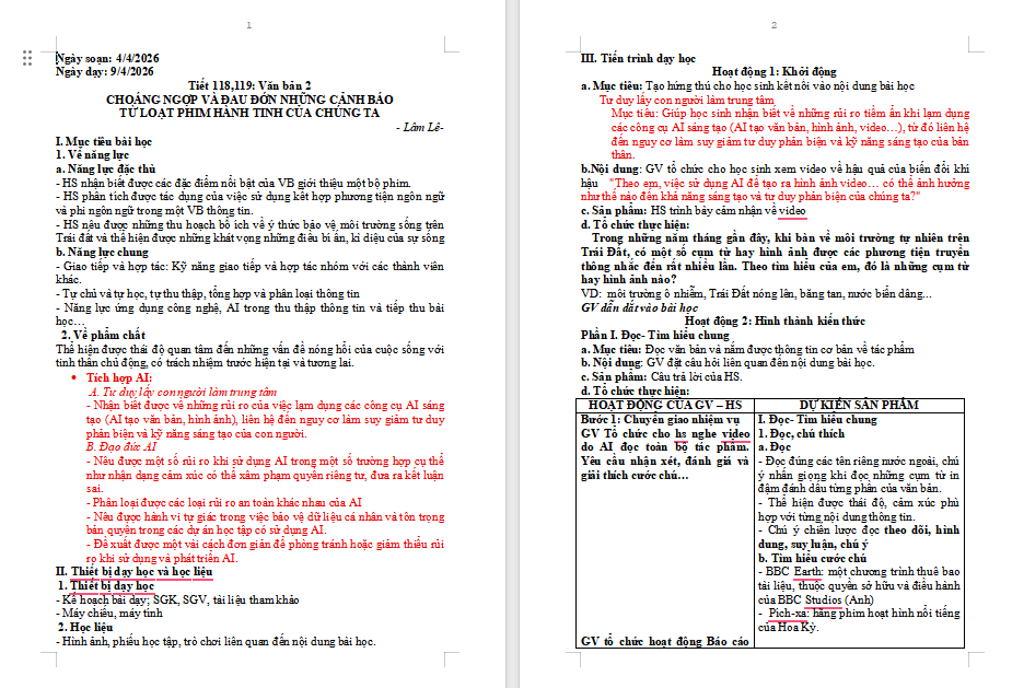 Giáo án minh họa tích hợp AI Ngữ văn 8 Kết nối tri thức