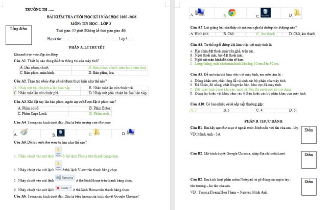 Đề thi học kì 1 môn Tin học 3 Cùng khám phá
