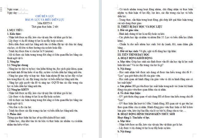 Giáo án Khoa học tự nhiên 6 Bài 35: Lực và biểu diễn lực