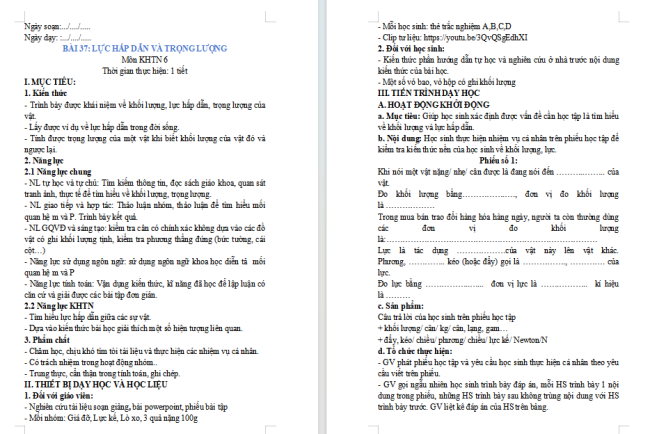 Giáo án Khoa học tự nhiên 6 Bài 37: Lực hấp dẫn và trọng lượng