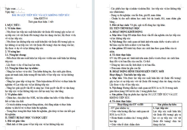 Giáo án Khoa học tự nhiên 6 Bài 38: Lực tiếp xúc và lực không tiếp xúc