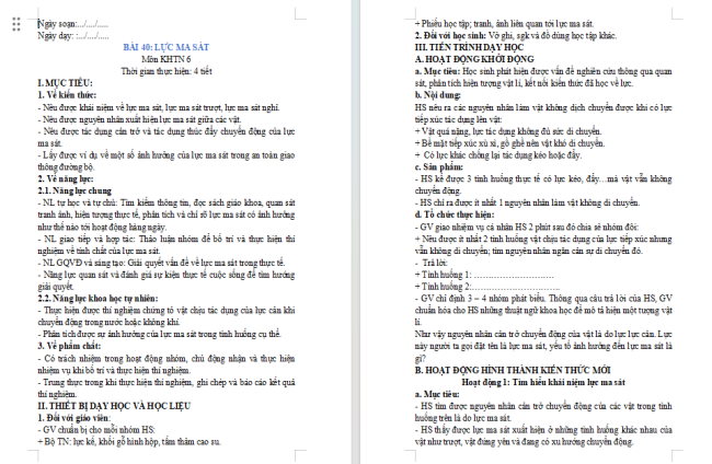 Giáo án Khoa học tự nhiên 6 Bài 40: Lực ma sát