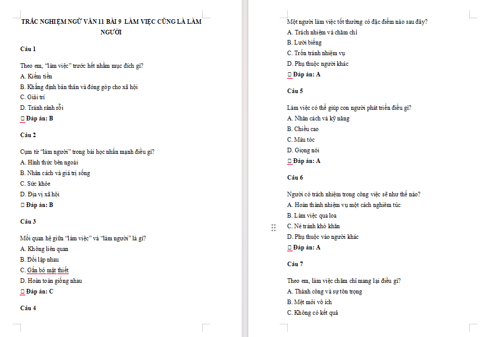 Trắc nghiệm Ngữ văn 11 Bài 9: Làm việc cũng là làm người