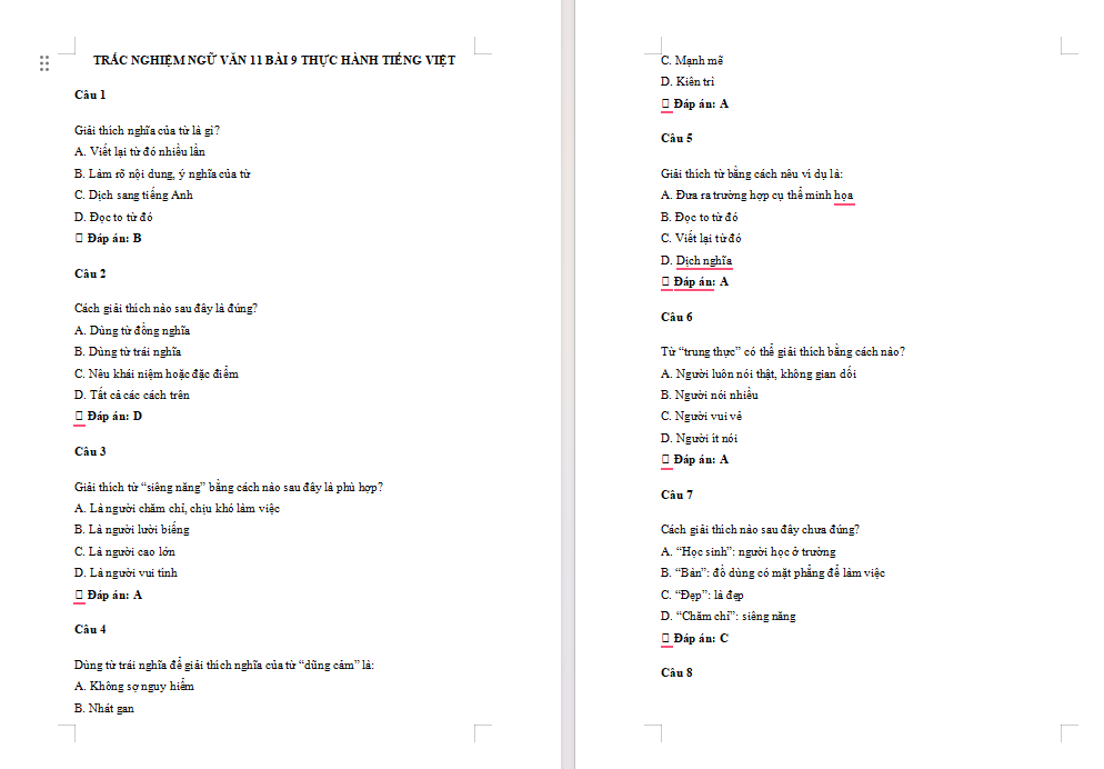 Trắc nghiệm Ngữ văn 11 Bài 9: Thực hành tiếng Việt