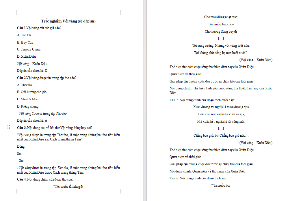 Trắc nghiệm Ngữ văn 12 Bài 9: Vội vàng