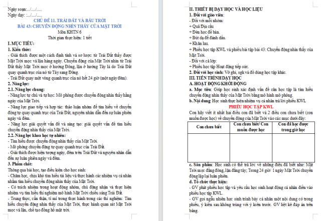 Giáo án Khoa học tự nhiên 6 Bài 43: Chuyển động nhìn thấy của Mặt Trời