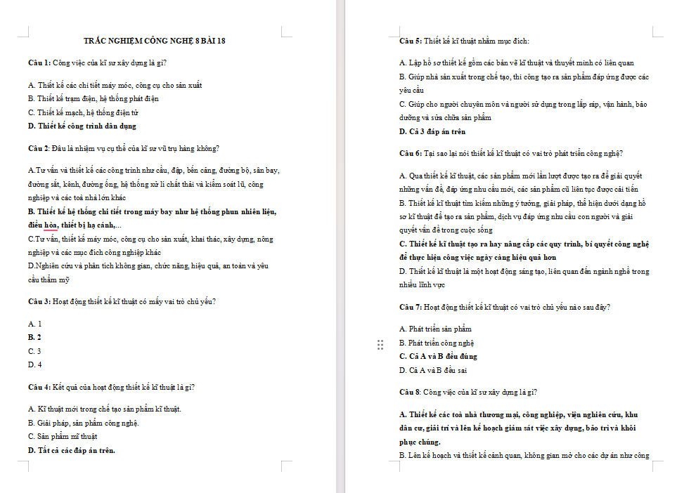 Trắc nghiệm Công nghệ 8 Bài 18