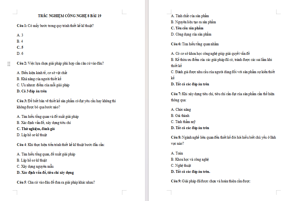 Trắc nghiệm Công nghệ 8 Bài 19