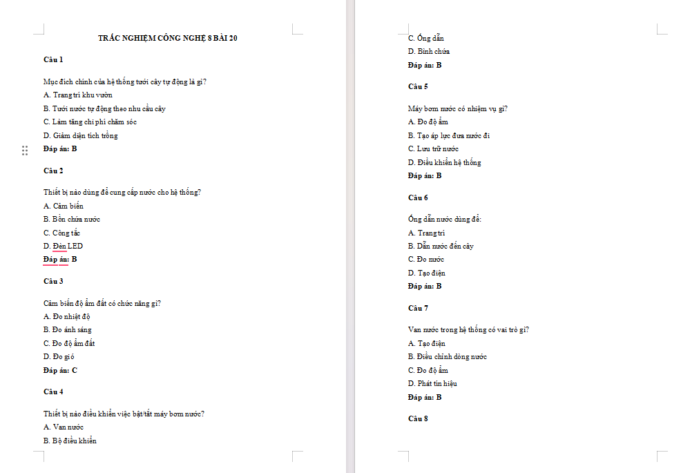 Trắc nghiệm Công nghệ 8 Bài 20