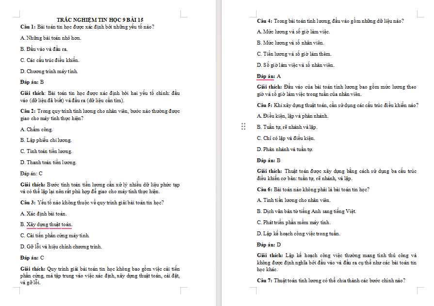 Trắc nghiệm Tin học 9 Bài 15 Bài toán tin học