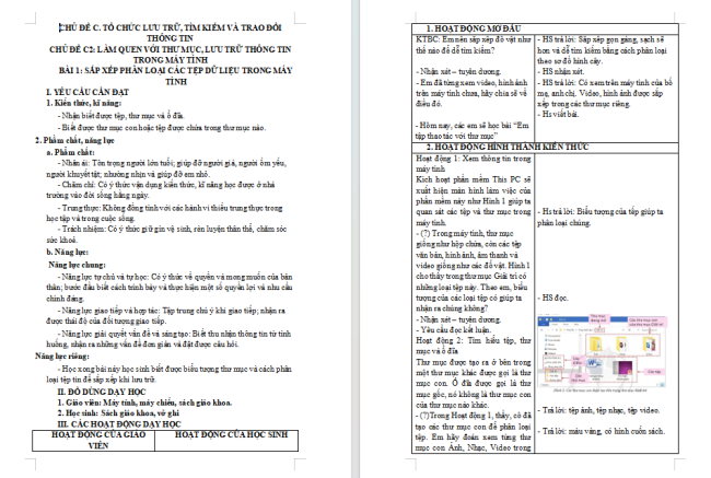 Giáo án Tin học 3 Bài 1: Sắp xếp phân loại các tệp dữ liệu trong máy tính