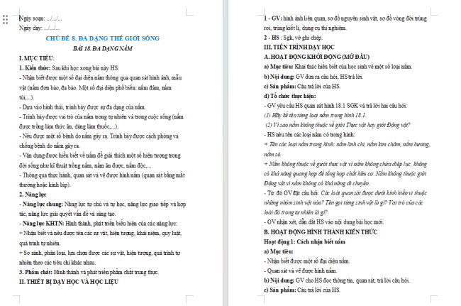 Giáo án Khoa học tự nhiên 6 Bài 18: Đa dạng nấm
