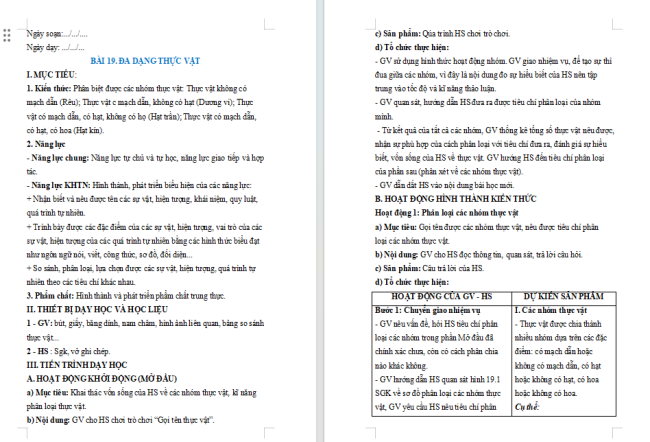 Giáo án Khoa học tự nhiên 6 Bài 19: Đa dạng thực vật