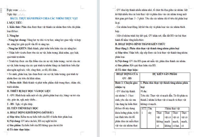 Giáo án Khoa học tự nhiên 6 Bài 21: Thực hành phân chia các nhóm thực vật