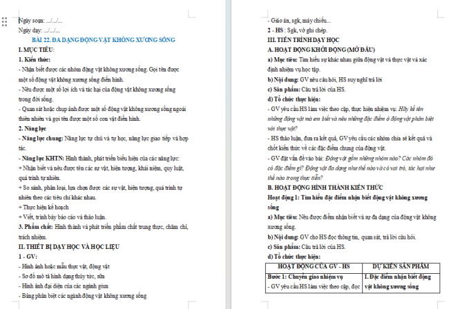 Giáo án Khoa học tự nhiên 6 Bài 22: Đa dạng động vật không xương sống