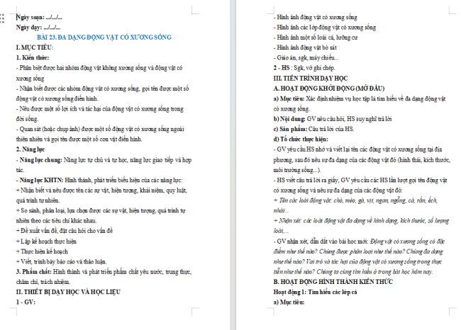 Giáo án Khoa học tự nhiên 6 Bài 23: Đa dạng động vật có xương sống