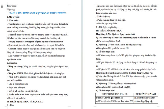 Giáo án Khoa học tự nhiên 6 Bài 25: Tìm hiểu sinh vật ngoài thiên nhiên
