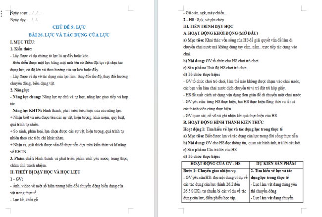 Giáo án Khoa học tự nhiên 6 Bài 26: Lực và tác dụng của lực