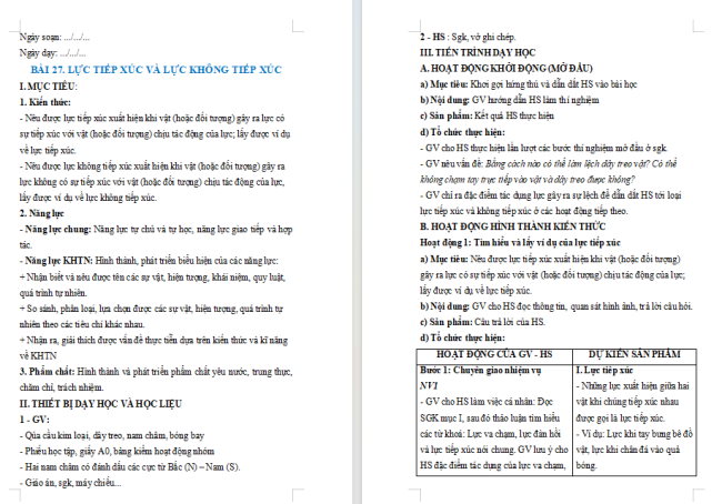 Giáo án Khoa học tự nhiên 6 Bài 27: Lực tiếp xúc và lực không tiếp xúc