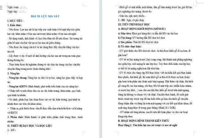 Giáo án Khoa học tự nhiên 6 Bài 28: Lực ma sát