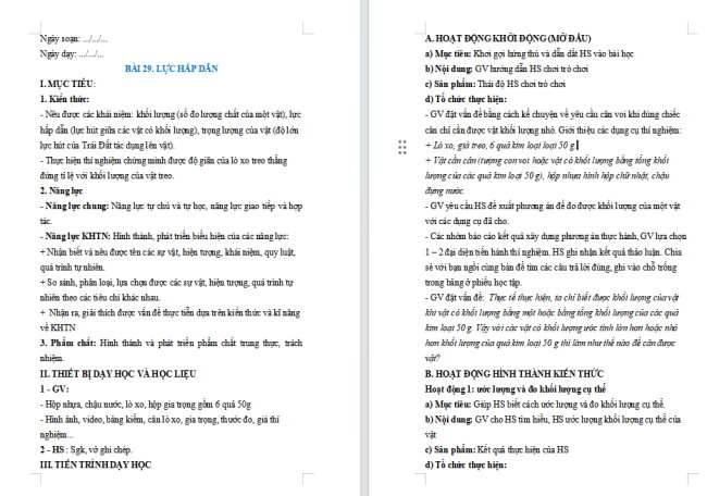 Giáo án Khoa học tự nhiên 6 Bài 29: Lực hấp dẫn