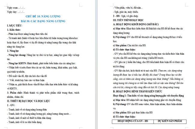 Giáo án Khoa học tự nhiên 6 Bài 30: Các dạng năng lượng