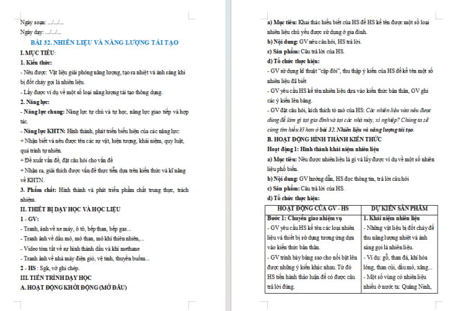 Giáo án Khoa học tự nhiên 6 Bài 32: Nhiên liệu và năng lượng tái tạo