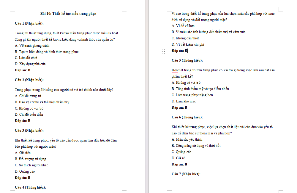 Trắc nghiệm Mĩ thuật 7 Bài 10: Thiết kế tạo mẫu trang phục