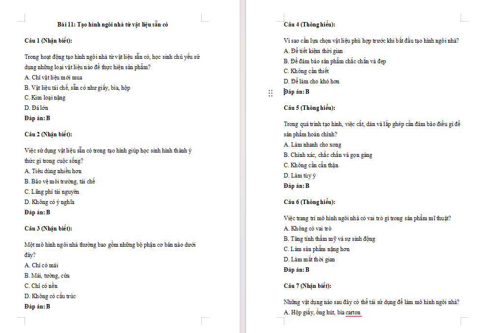 Trắc nghiệm Mĩ thuật 7 Bài 11: Tạo hình ngôi nhà từ vật liệu sẵn có