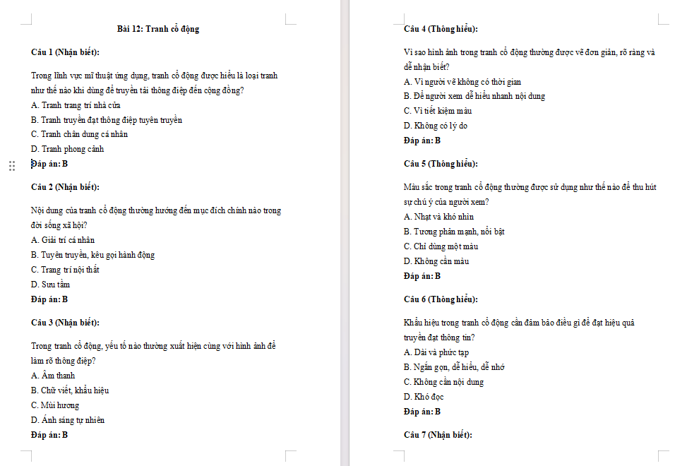 Trắc nghiệm Mĩ thuật 7 Bài 12: Tranh cổ động