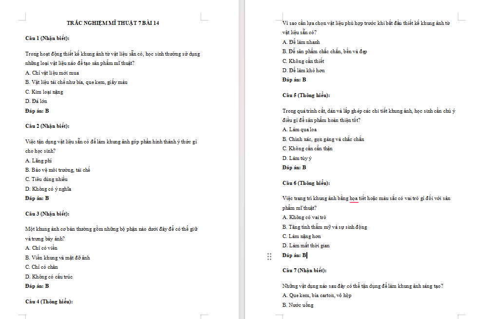 Trắc nghiệm Mĩ thuật 7 Bài 14: Thiết kế khung ảnh từ vật liệu sẵn có