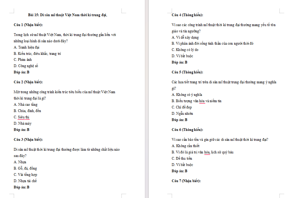 Trắc nghiệm Mĩ thuật 7 Bài 15: Di sản mĩ thuật Việt Nam thời kì trung đại