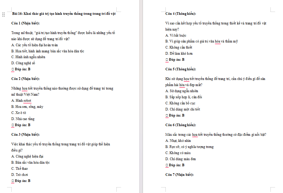 Trắc nghiệm Mĩ thuật 7 Bài 16: Khai thác giá trị tạo hình truyền thống trong trang trí đồ vật