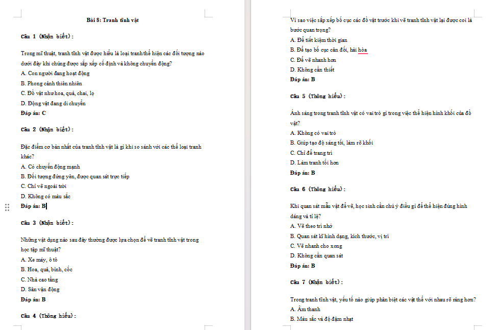 Trắc nghiệm Mĩ thuật 7 Bài 8: Tranh tĩnh vật