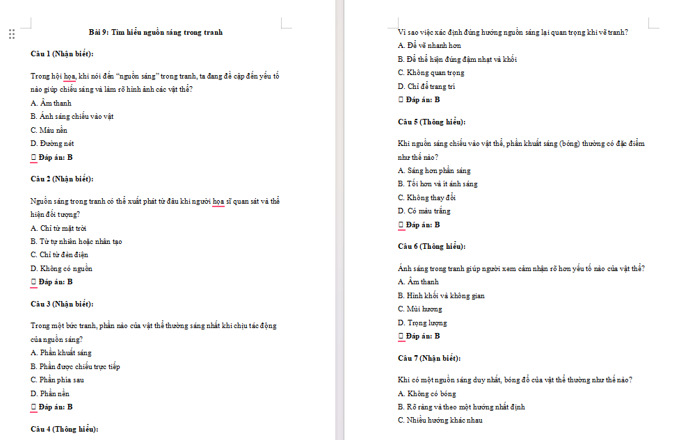Trắc nghiệm Mĩ thuật 7 Bài 9: Tìm hiểu nguồn sáng trong tranh