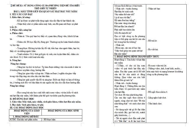 Giáo án Tin học 3 Bài 1: Máy tính giúp em quan sát hạt đậu nảy mầm