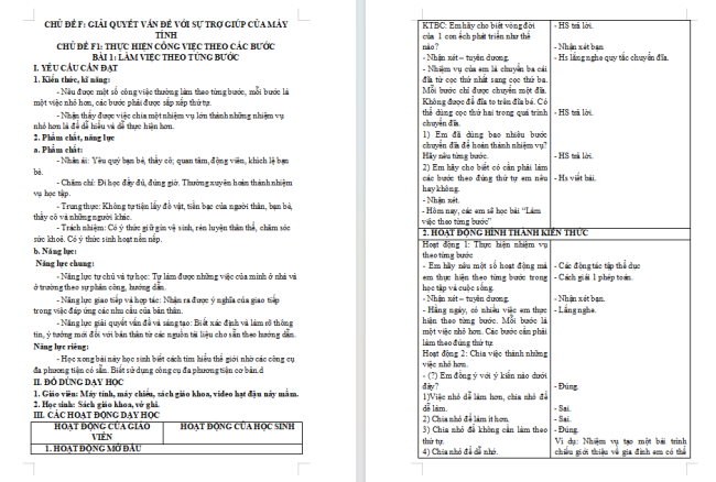 Giáo án Tin học 3 Bài 1: Làm việc theo từng bước