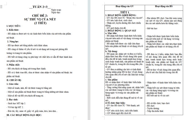 Giáo án Mĩ thuật 2 Chủ đề 2: Sự thú vị của nét