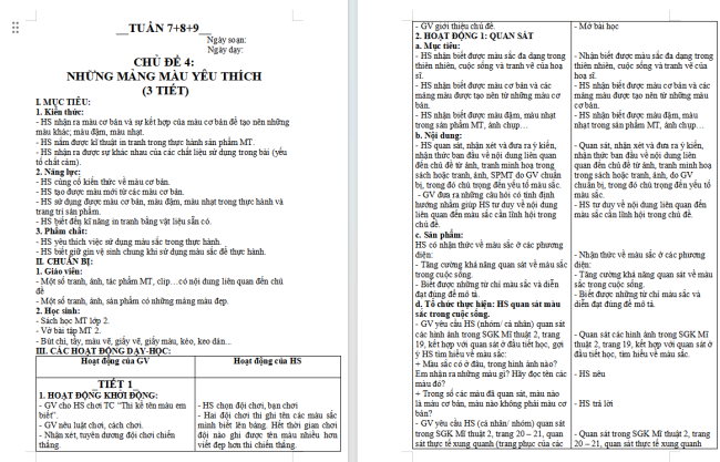 Giáo án Mĩ thuật 2 Chủ đề 4: Những mảng màu yêu thích