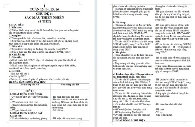 Giáo án Mĩ thuật 2 Chủ đề 6: Sắc màu thiên nhiên