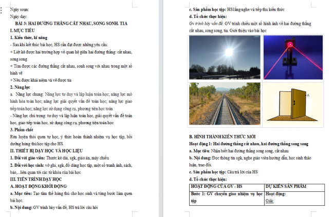 Giáo án Toán 6 Bài 3: Hai đường thẳng cắt nhau, song song. Tia